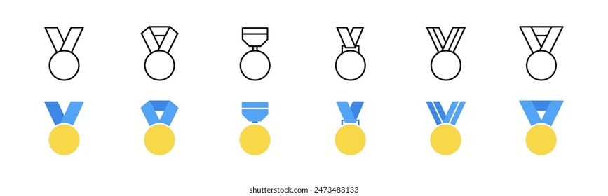 Medaillen-Icon-Set. Linie und flache Auszeichnung Medaille. Meistermedaille in Blau und Gelb