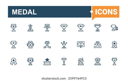 Medal icon set in linear style. Contains such icon as competition, cup, achievement, sport, championship, win, honor and more. Trophy simple icons set. Editable vector outline and solid icons.