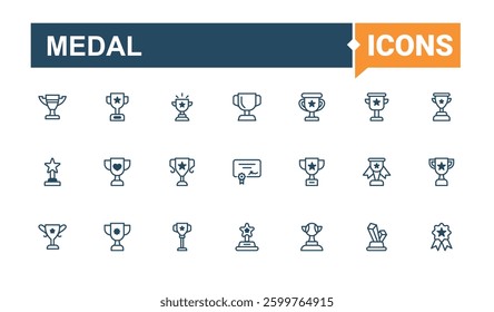 Medal icon set in linear style. Contains such icon as competition, cup, achievement, sport, championship, win, honor and more. Trophy simple icons set. Editable vector outline and solid icons.