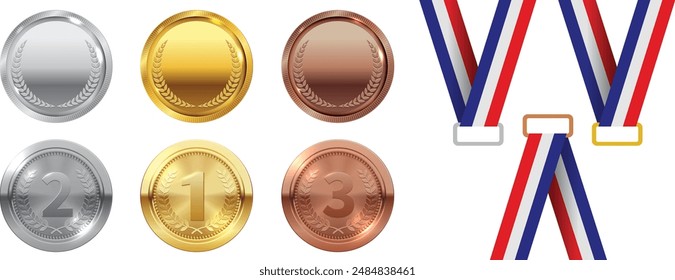 Medal icon set. Realistic medal set. Award golden, silver and bronze blank medals 3d vector realistic illustration. First, second and third place medals or buttons isolated on white background.