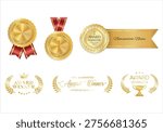 Medal icon set. Realistic medal collection. Award golden medals realistic illustration and laurel wreath award.  First place medals or buttons