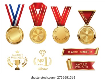 Medal icon set. Realistic medal collection. Award golden medals realistic illustration and laurel wreath award.  First place medals or buttons