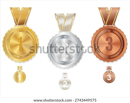 Medal icon set. Realistic medal collection. Award golden medals realistic illustration. First place medals or buttons 