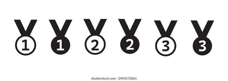 medal icon set, Medal sign with star. First, second, third place, sport award, top reward, winner and champion trophy, game prize and achievement, contest victory.