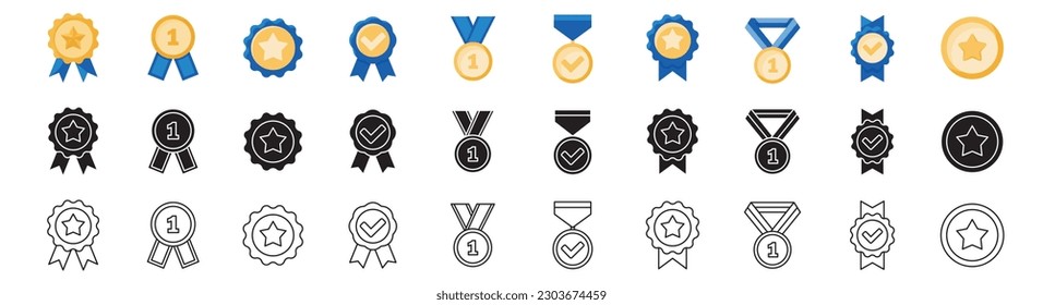 Medal icon set. Silhouette, linear, flat style.