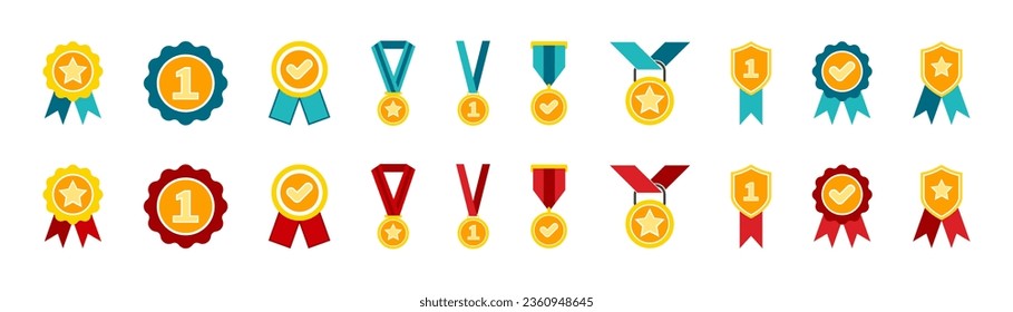 Juego de iconos de medalla. Silhouette, lineal, de estilo plano.