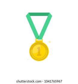 Medal icon. Sport and champion element. First place medal with red ribbon. Flat cartoon style. Vector illustration.