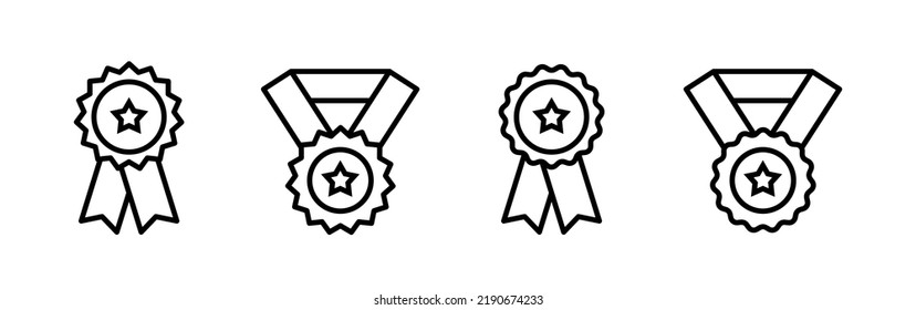 Medal icon. Medal with star and ribbon. Set of black flat icons. Vector clipart isolated on white background.