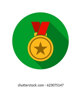 Medal icon vector round symbol with star and long shadow in flat style.