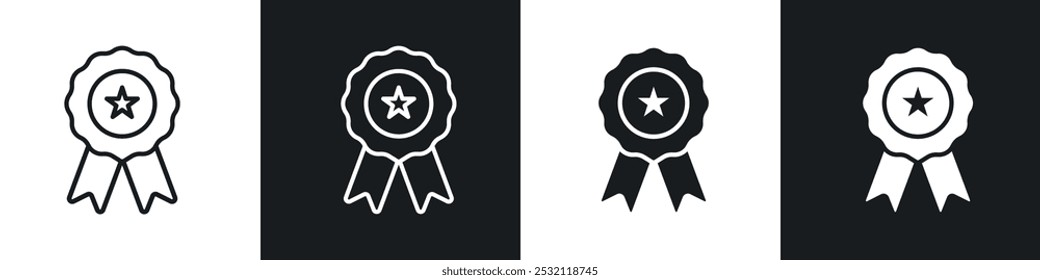 Conjunto de íconos de Vector de medalla con estilo relleno y delineado en negro.