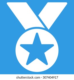 Medal icon. Vector style is flat symbols, white color, rounded angles, blue background.