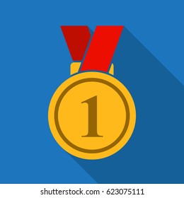 Medal icon vector winner symbol with long shadow in flat style on blue.