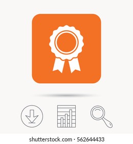 Medal icon. Winner award emblem symbol. Report chart, download and magnifier search signs. Orange square button with web icon. Vector