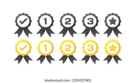 Medal icons. Different styles, medals with check mark, number 1, 2, 3. Vector icons