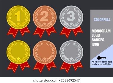 Medal Icons, Monogram badges, Badges Gold Silver Brown, Winning award monogram, prize, medal or vector badge