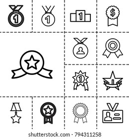 Medal icons. set of 13 editable outline medal icons such as dollar award, badge, 1st place star, ranking