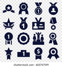 Medal icons set. set of 16 medal filled icons such as award, badge, 1st place star, ranking