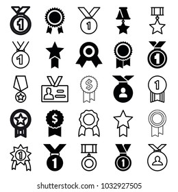 Medal icons. set of 25 editable filled and outline medal icons such as dollar award, badge