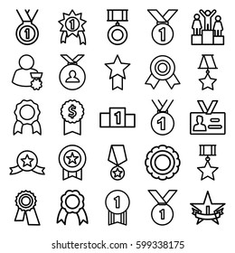 Medal Icons Set. Set Of 25 Medal Outline Icons Such As Award, Badge, Ribbon, 1st Place Star, Ranking