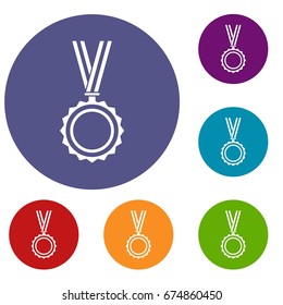 Medal icons set in flat circle reb, blue and green color for web