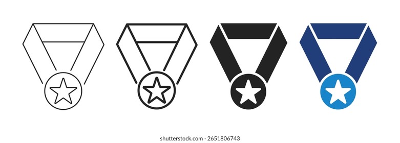 Medal Icons Set with Star – Editable Stroke Outline and Filled Style. Vector.