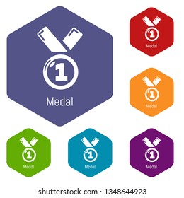 Medal icons vector colorful hexahedron set collection isolated on white