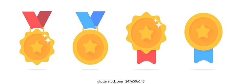 Medal icons. Winner award prize medals. Golden medal award. Set of trophy or awards for winners. Metal symbols of success, championship and triumph.