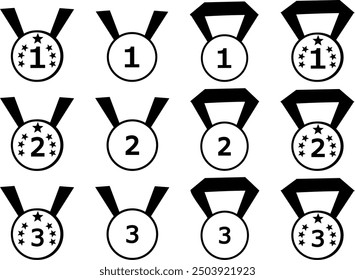 medal illustration. 1,2,3 places. gold silver bronze. graphics in black. set collection