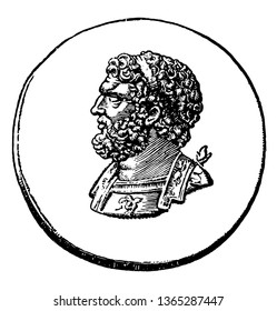 A medal with an image of Philip of Macedon, vintage line drawing or engraving illustration.