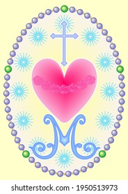 Medal of the Immaculate Heart of Mary, symbols of heart, monogram M, the Cross, surrounded by stars and the beads of rosary