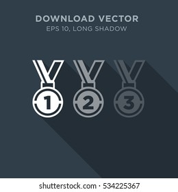 Medal isolated vector icon in long shadow style on dark blue background
