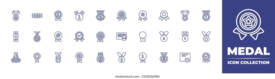 Medal line icon collection. Editable stroke. Vector illustration. Containing medal, st place, awards, ribbon, silver medal, trusted, award, certificate, gold, medal ribbon, medals, badge, quality.