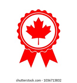 Medal with maple leaf and ribbons icon. Quality production sign isolated on white background. Red maple leaf as Canada symbol. Vector illustration
