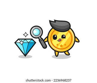 medal mascot is checking the authenticity of a diamond , cute style design for t shirt, sticker, logo element