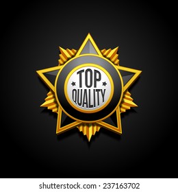 Medal Military Quality Star Stamp, Sticker, Tag, Label, Badge Sign Award Icon. On Black Background Isolated. Ready For Your Design. Vector EPS10