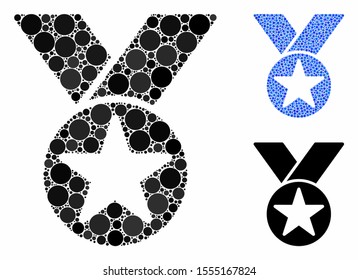 Medal mosaic of small circles in variable sizes and color tints, based on medal icon. Vector filled circles are combined into blue mosaic. Dotted medal icon in usual and blue versions.