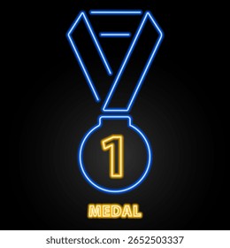 medal neon sign, modern glowing banner design, colorful modern design trends on black background. Vector illustration.