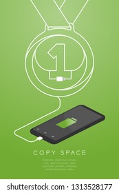 Medal number one shape made from usb charger cable with Smartphone isometric flat design, Winner battery concept illustration isolated on gold gradient background, with copy space vector eps 10