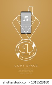 Medal number one shape made from cable Earphones, In ear type with Smartphone flat design, Winner music concept illustration isolated on gold gradient background, with copy space vector eps 10