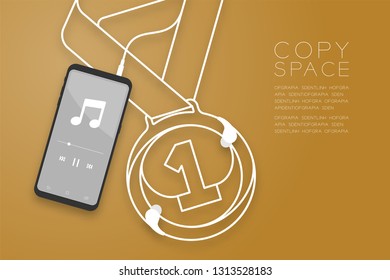 Medal number one shape made from cable Earphones, In ear type with Smartphone flat design, Winner music concept illustration isolated on gold gradient background, with copy space vector eps 10