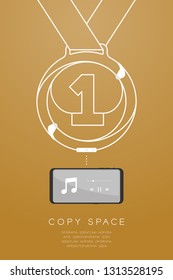 Medal number one shape made from cable Earphones wireless remote, In ear type with Smartphone flat design, Winner music concept illustration isolated on gold gradient background with space, vector