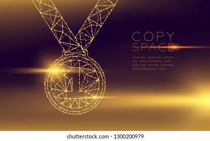 Medal number one shape wireframe polygon futuristic bokeh light frame structure and lens flare, Business winner concept design illustration isolated on gold gradients background with space, vector