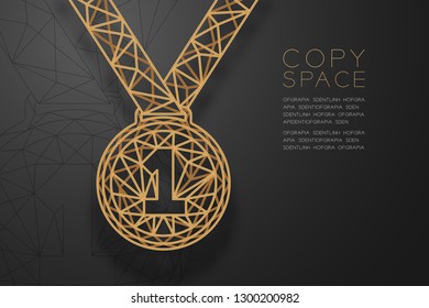 Medal number one shape shape wireframe polygon golden frame structure, Sport winner concept design illustration isolated on black gradient background with copy space, vector eps 10