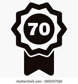 Medal and number seventy icon. Guarantee illustration. Winner icon. Approval label. Reward. Vector icon.