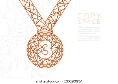 Medal number three shape shape wireframe polygon copper frame structure, Sport winner concept design illustration isolated on black gradient background with copy space, vector eps 10