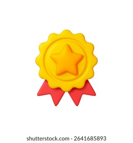 Medal or order 3d icon. Golden trophy for winner with red ribbons. Isolated award accessory, decorative insignia for person. Rendering vector element