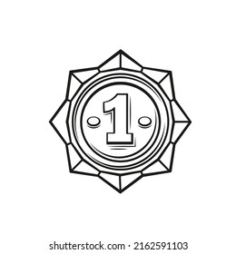 Medal outline icon. First place winner, winner trophy, sport award. Drawn monochrome medal first place simple engraving style.