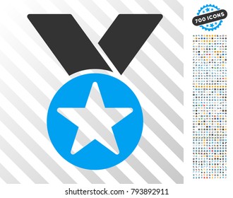 Medal pictograph with 7 hundred bonus bitcoin mining and blockchain graphic icons. Vector illustration style is flat iconic symbols design for blockchain apps.