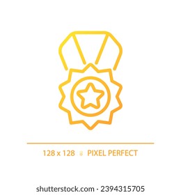 Medal pixel perfect gradient linear vector icon. Reward for high quality service. Product rating performance. Thin line color symbol. Modern style pictogram. Vector isolated outline drawing