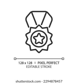 Medal pixel perfect linear icon. Reward for high quality service. Product rating performance. Best service. Thin line illustration. Contour symbol. Vector outline drawing. Editable stroke